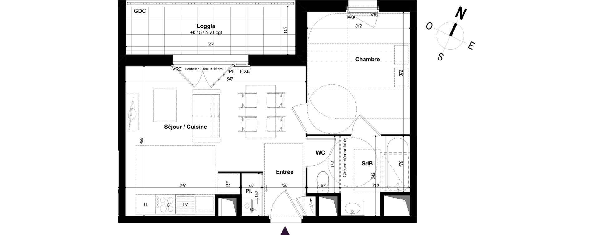 Appartement T2 de 42,01 m2 &agrave; Ch&acirc;teaubourg Centre