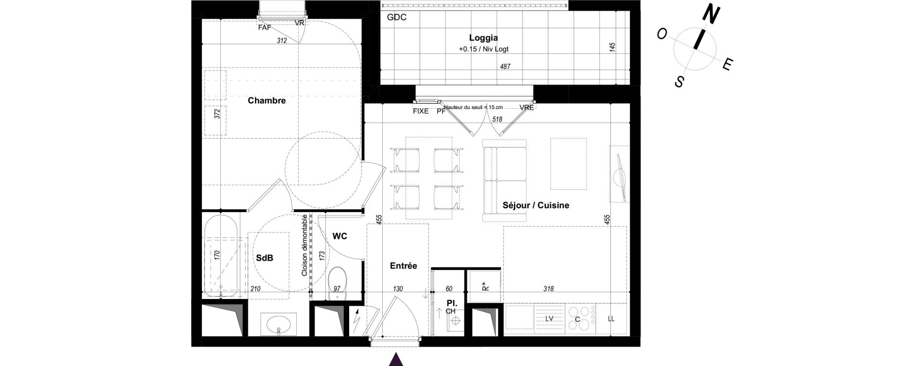 Appartement T2 de 40,71 m2 &agrave; Ch&acirc;teaubourg Centre