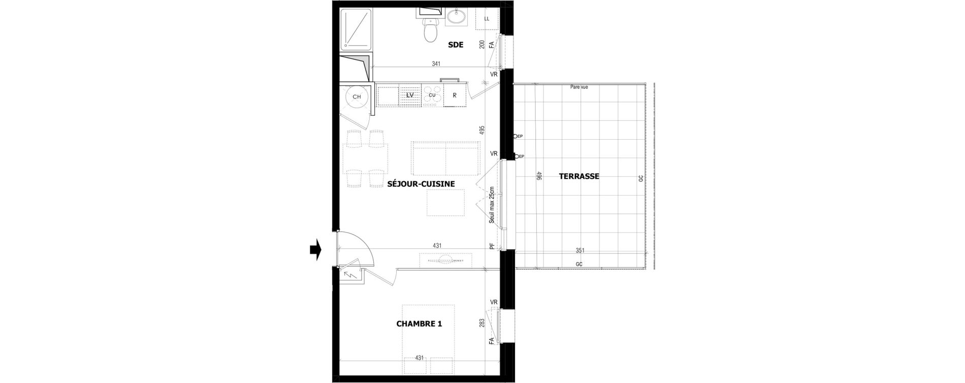 Appartement T2 de 40,83 m2 &agrave; G&eacute;vez&eacute; Centre