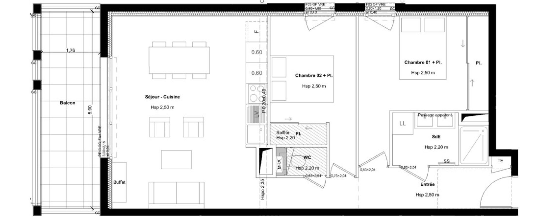 Appartement T3 de 62,98 m2 &agrave; L'Hermitage Centre