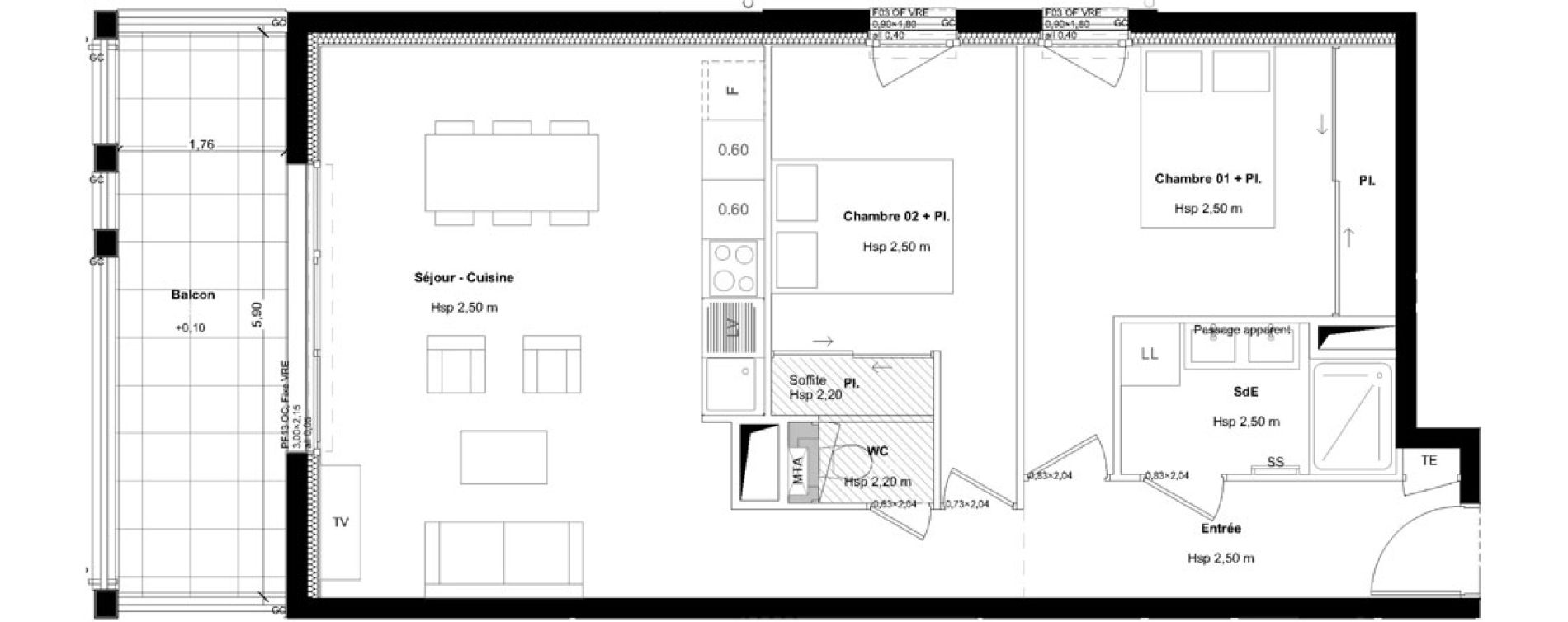 Appartement T3 de 62,98 m2 &agrave; L'Hermitage Centre