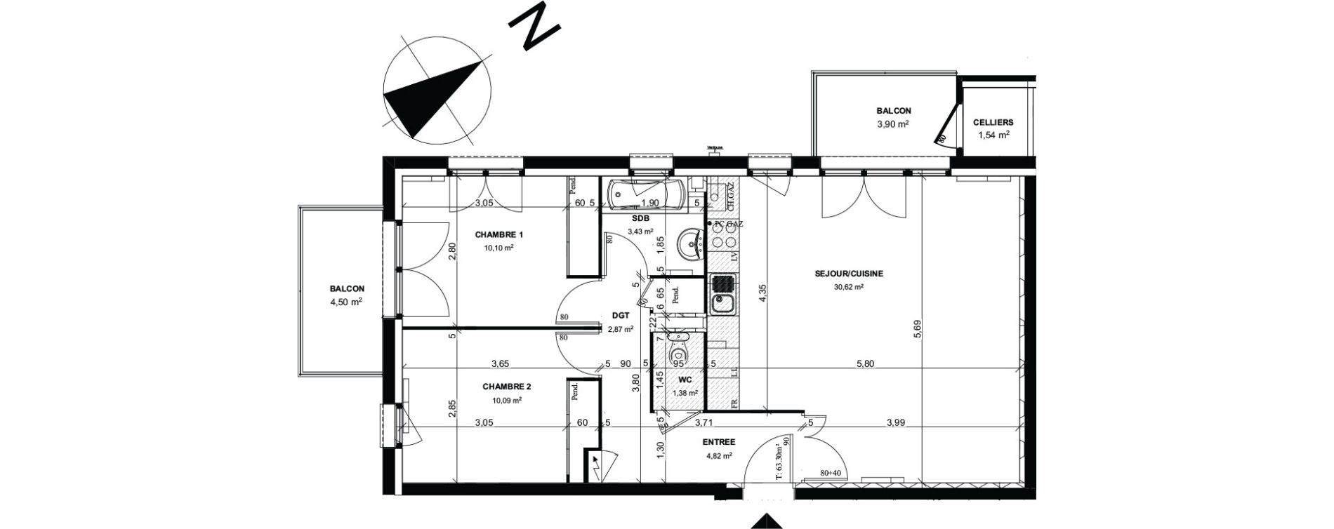 Appartement T3 de 63,30 m2 &agrave; Liffr&eacute; Centre