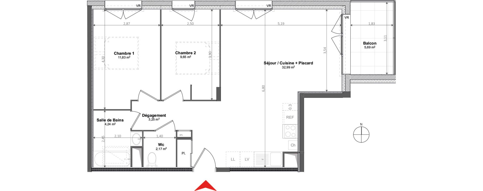 Appartement T3 de 64,13 m2 &agrave; Noyal-Ch&acirc;tillon-Sur-Seiche Centre