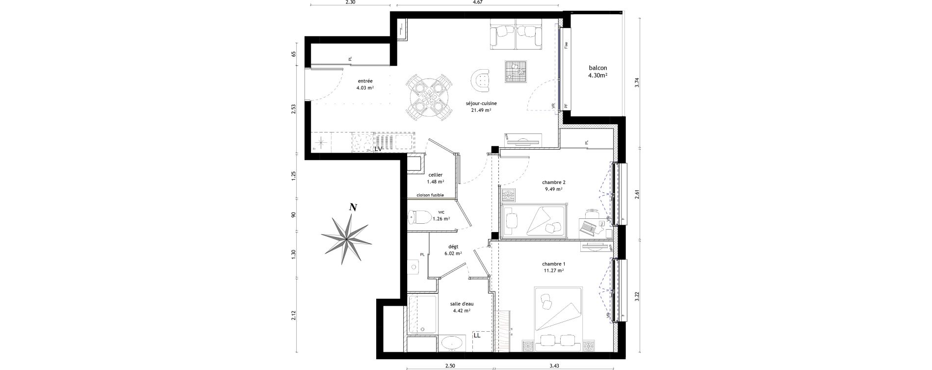 Appartement T3 de 59,46 m2 &agrave; Noyal-Ch&acirc;tillon-Sur-Seiche Centre