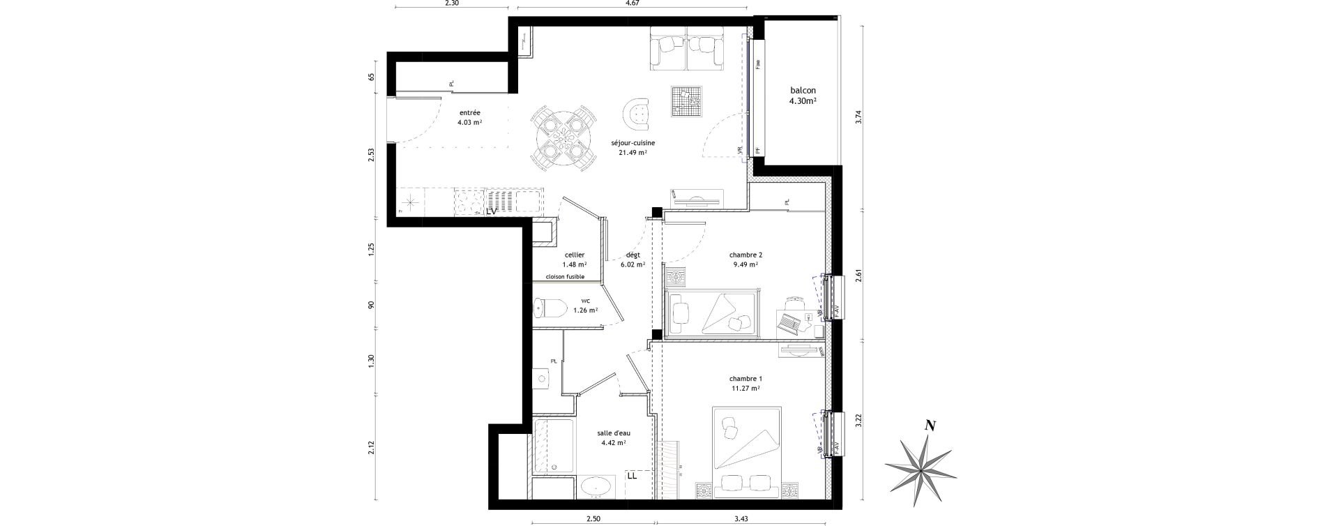 Appartement T3 de 59,46 m2 &agrave; Noyal-Ch&acirc;tillon-Sur-Seiche Centre