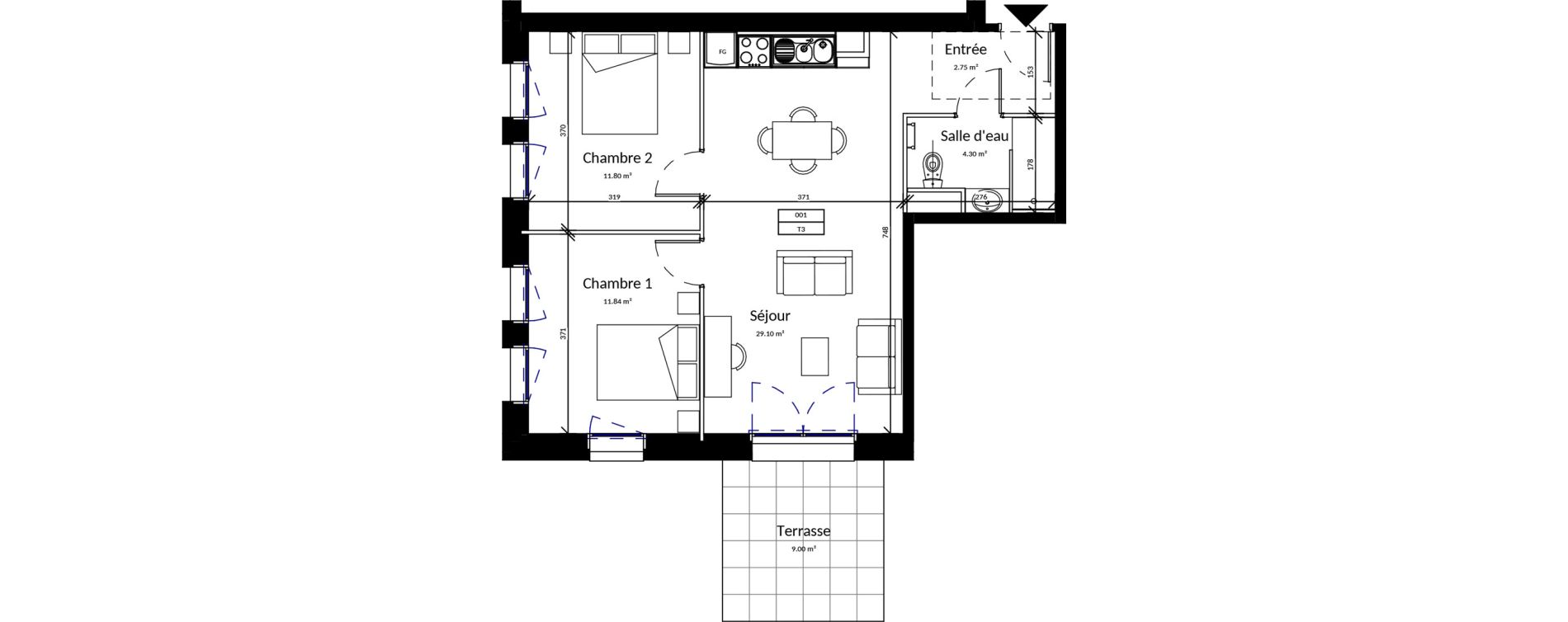 Appartement T3 meubl&eacute; de 59,79 m2 &agrave; Pleurtuit Centre
