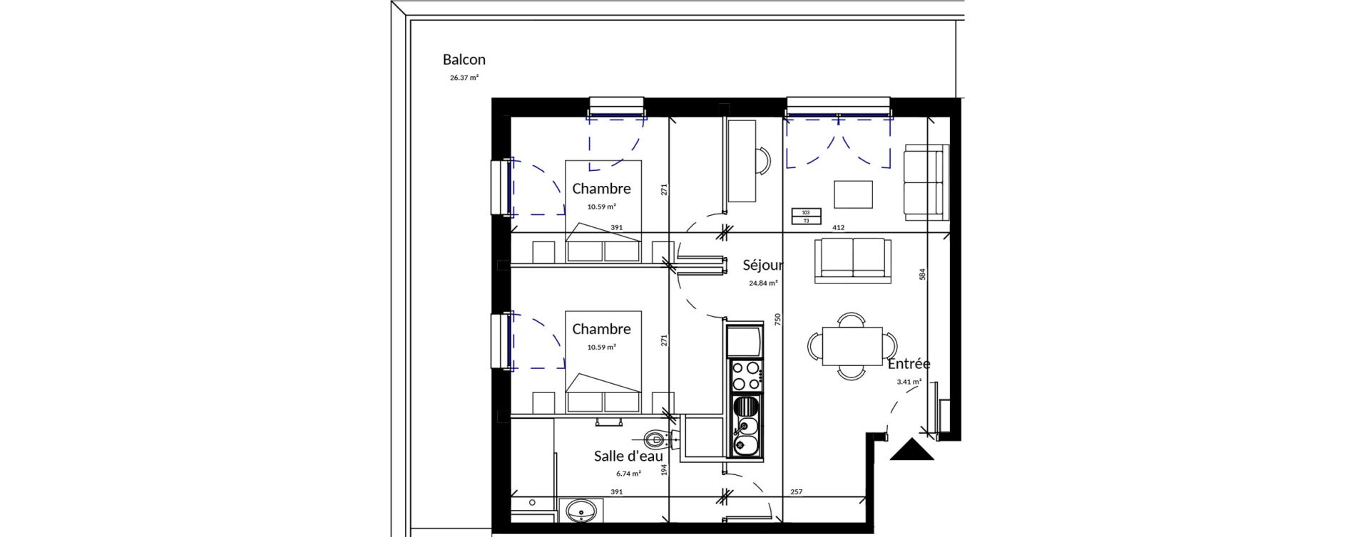 Appartement T3 meubl&eacute; de 56,17 m2 &agrave; Pleurtuit Centre