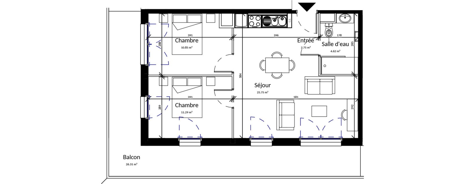 Appartement T3 meubl&eacute; de 55,26 m2 &agrave; Pleurtuit Centre