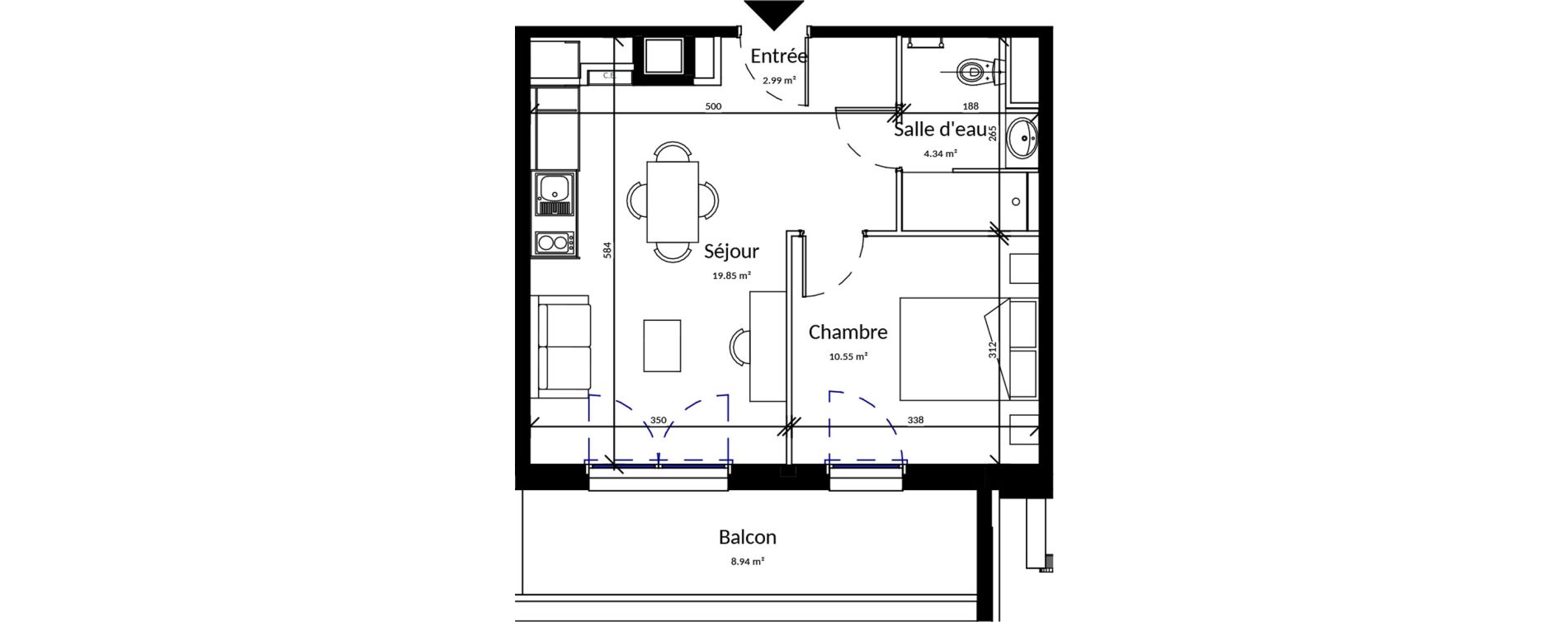 Appartement T2 meubl&eacute; de 37,73 m2 &agrave; Pleurtuit Centre