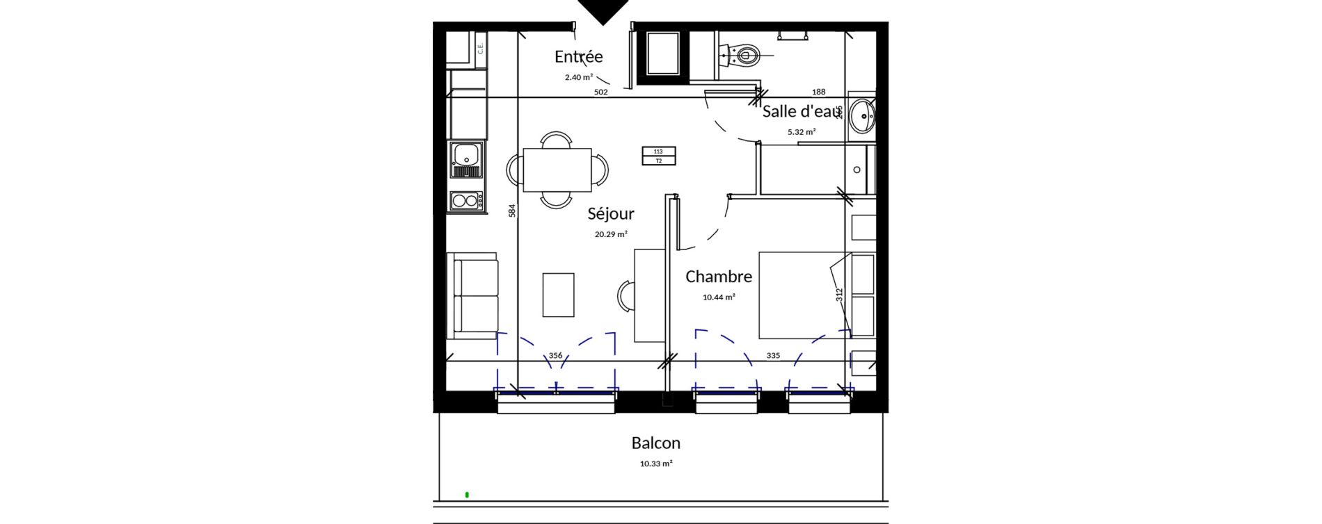 Appartement T2 meubl&eacute; de 38,45 m2 &agrave; Pleurtuit Centre