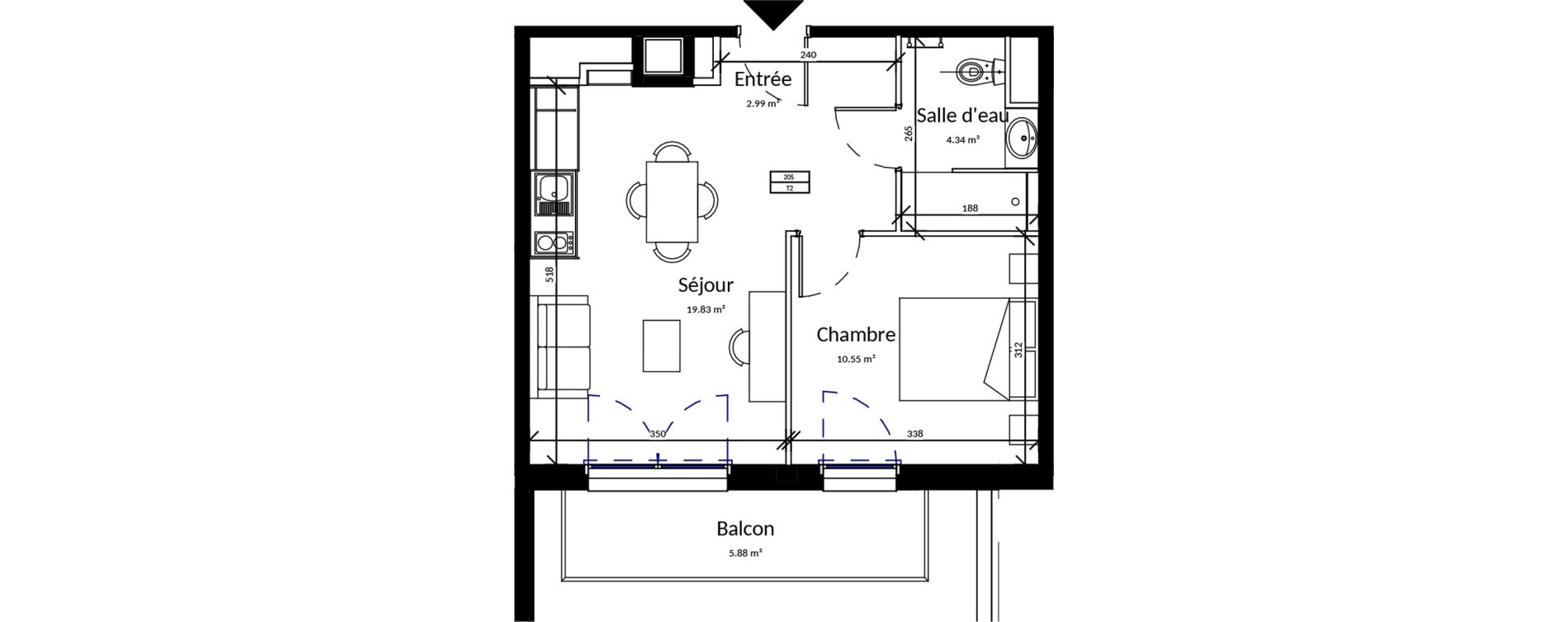 Appartement T2 meubl&eacute; de 37,71 m2 &agrave; Pleurtuit Centre