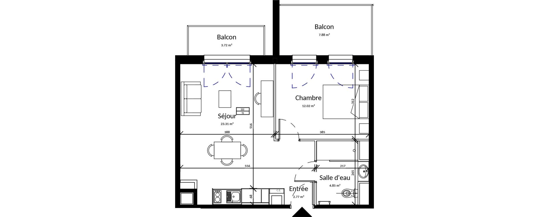 Appartement T2 meubl&eacute; de 42,95 m2 &agrave; Pleurtuit Centre