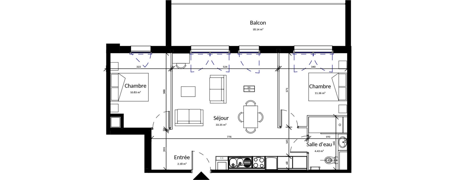 Appartement T3 meubl&eacute; de 62,15 m2 &agrave; Pleurtuit Centre