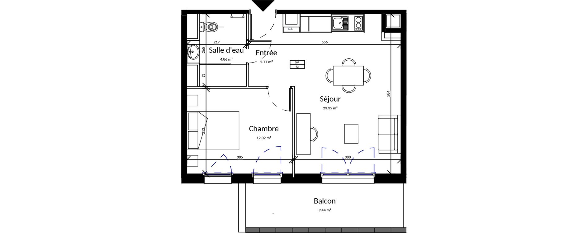 Appartement T2 meubl&eacute; de 43,00 m2 &agrave; Pleurtuit Centre