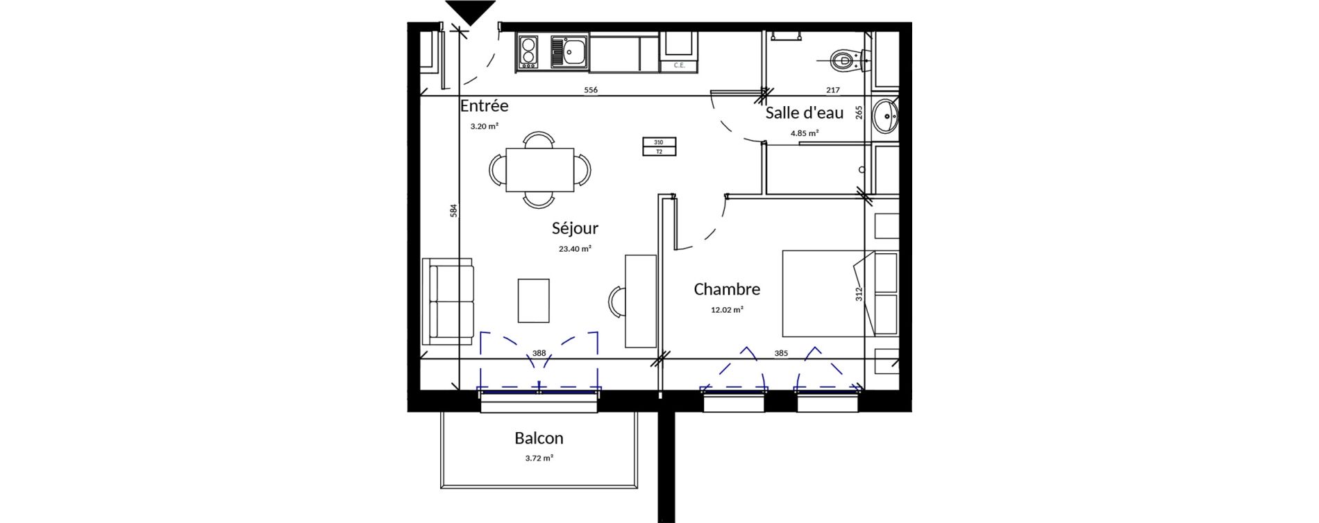 Appartement T2 meubl&eacute; de 43,47 m2 &agrave; Pleurtuit Centre