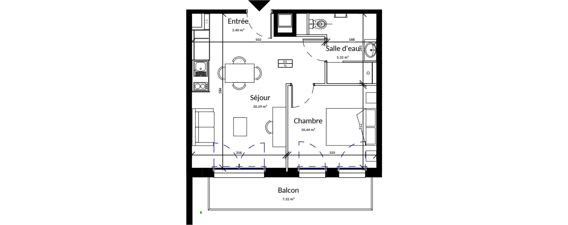 Appartement T2 meubl&eacute; de 38,45 m2 &agrave; Pleurtuit Centre