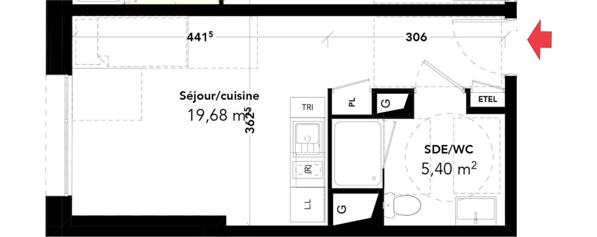 Appartement T1 de 25,08 m2 &agrave; Rennes Cleunay
