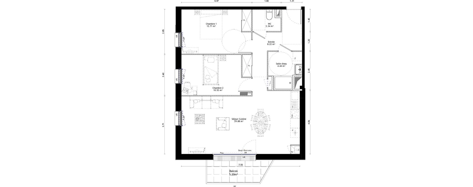 Appartement T3 de 68,11 m2 &agrave; Vannes St-guen - bilaire - m&eacute;nimur pavillonnaire