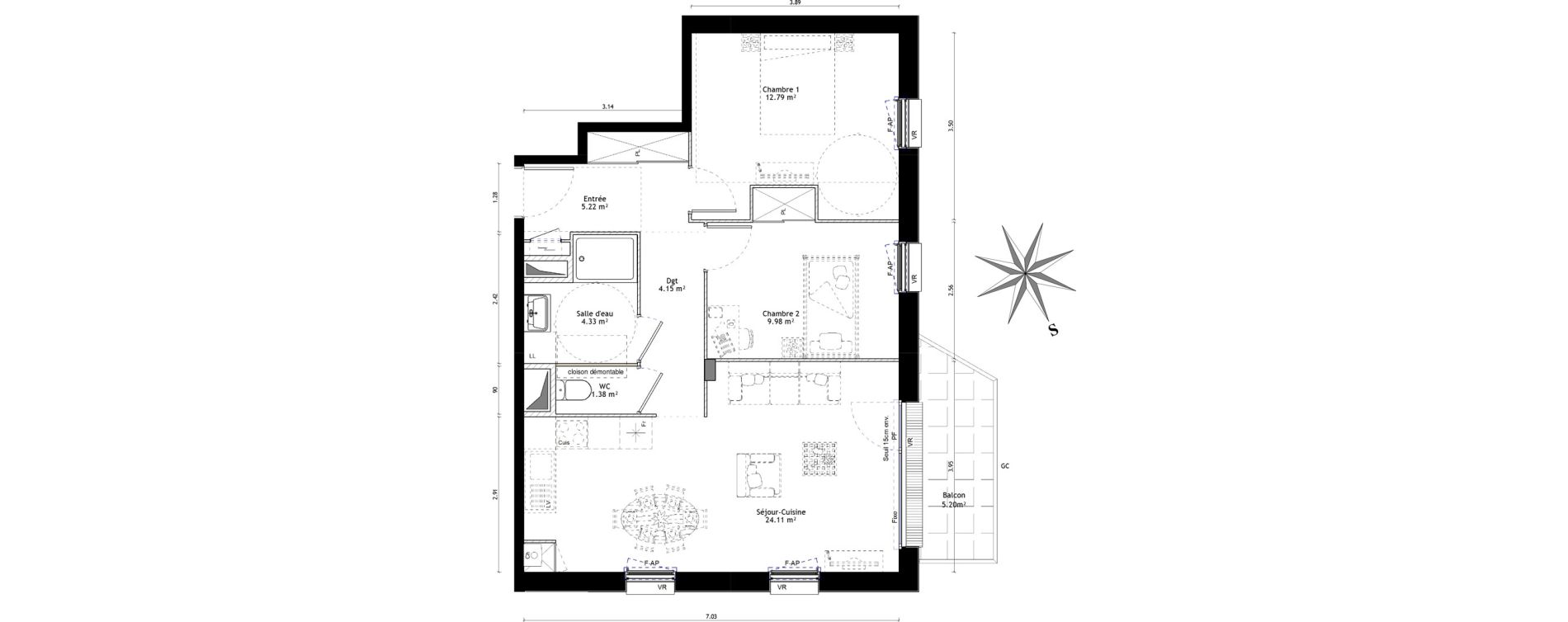 Appartement T3 de 61,96 m2 &agrave; Vannes St-guen - bilaire - m&eacute;nimur pavillonnaire