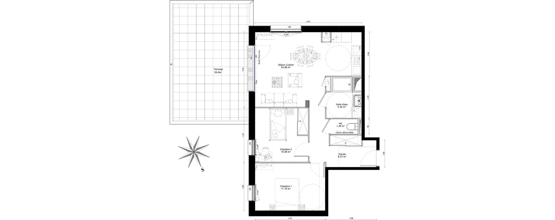 Appartement T3 de 60,28 m2 &agrave; Vannes St-guen - bilaire - m&eacute;nimur pavillonnaire