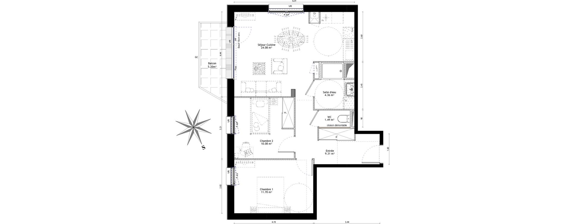 Appartement T3 de 61,02 m2 &agrave; Vannes St-guen - bilaire - m&eacute;nimur pavillonnaire
