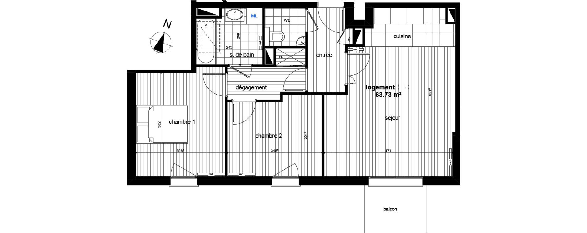 Appartement T3 de 63,73 m2 &agrave; Luc&eacute; Centre