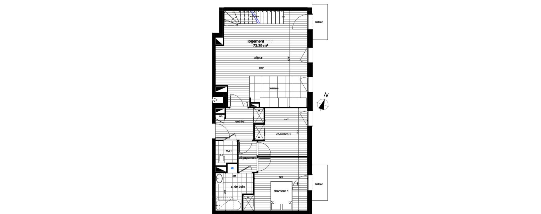 Appartement T3 de 73,39 m2 &agrave; Luc&eacute; Centre