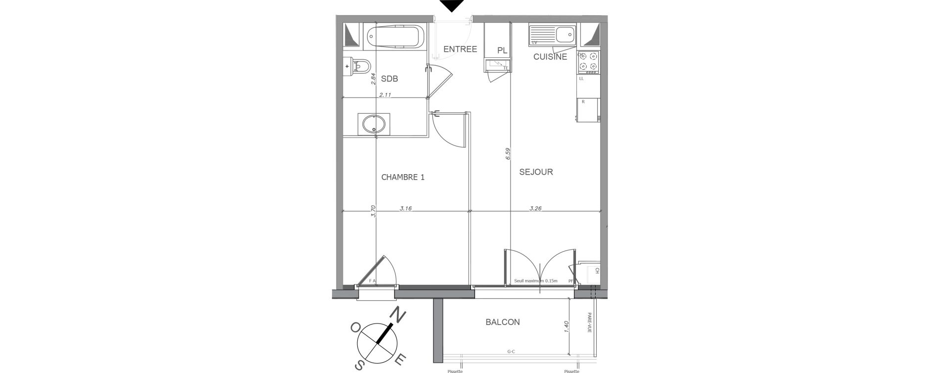 Appartement T2 de 41,24 m2 &agrave; Luisant Centre