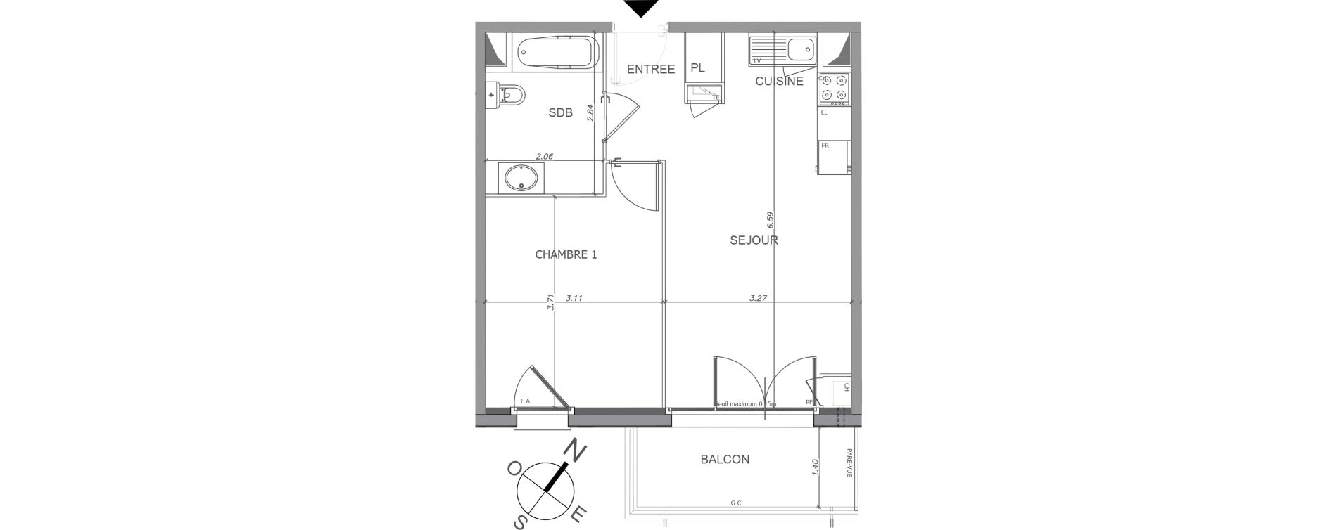 Appartement T2 de 41,01 m2 &agrave; Luisant Centre