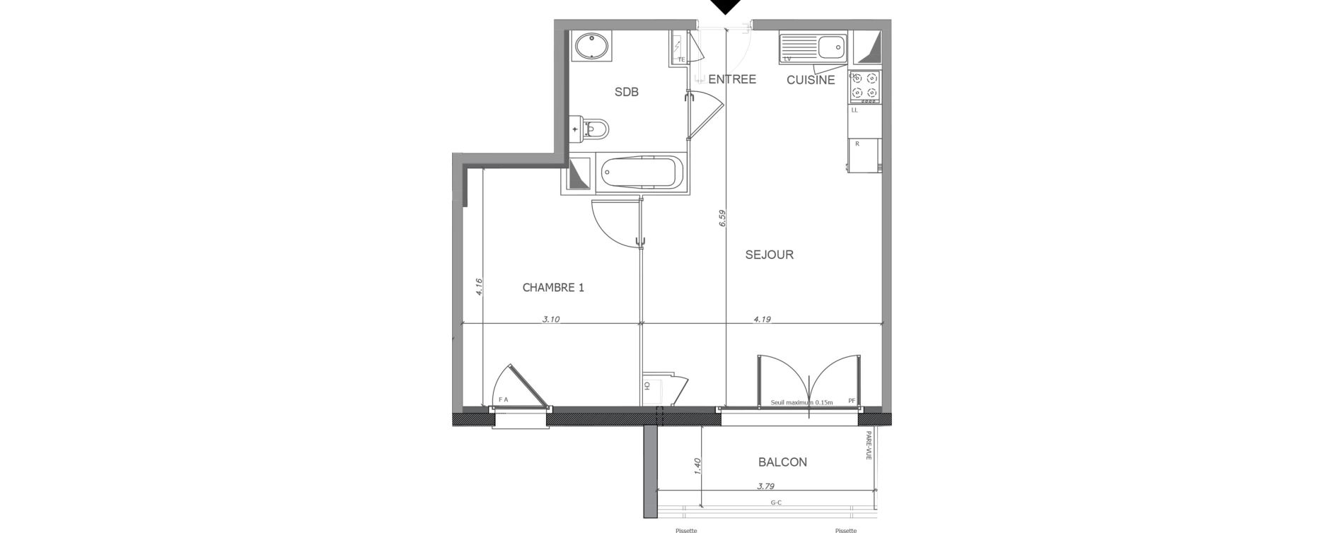 Appartement T2 de 42,54 m2 &agrave; Luisant Centre