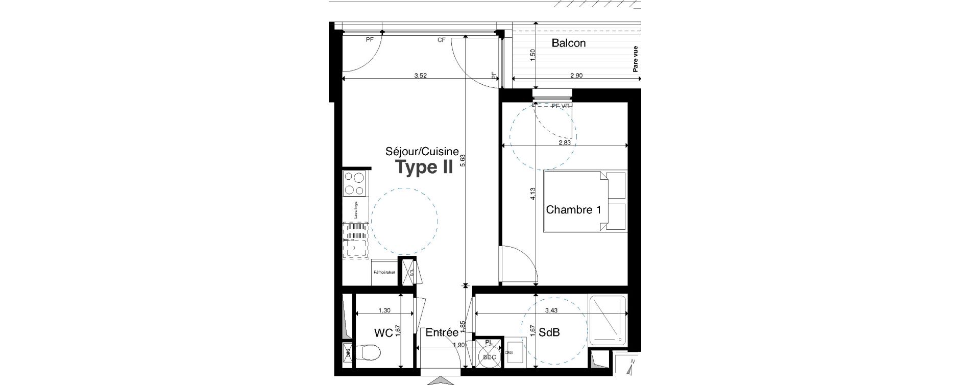 Appartement T2 de 40,93 m2 &agrave; Chambray-L&egrave;s-Tours Centre