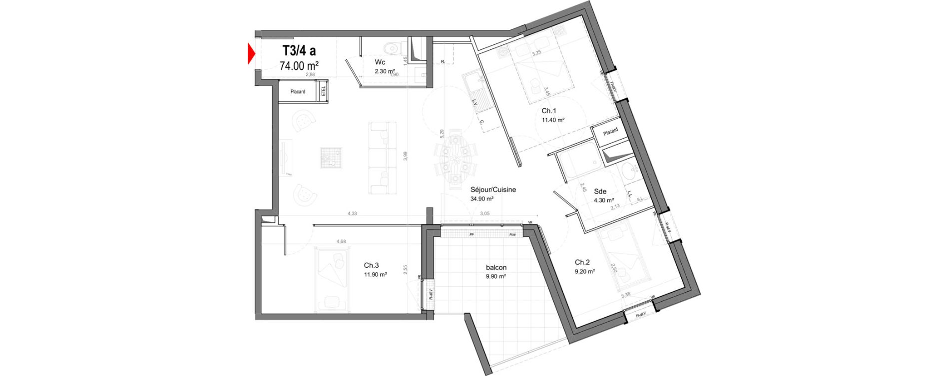 Appartement T4 de 74,00 m2 &agrave; La Riche Ronsard pagnol