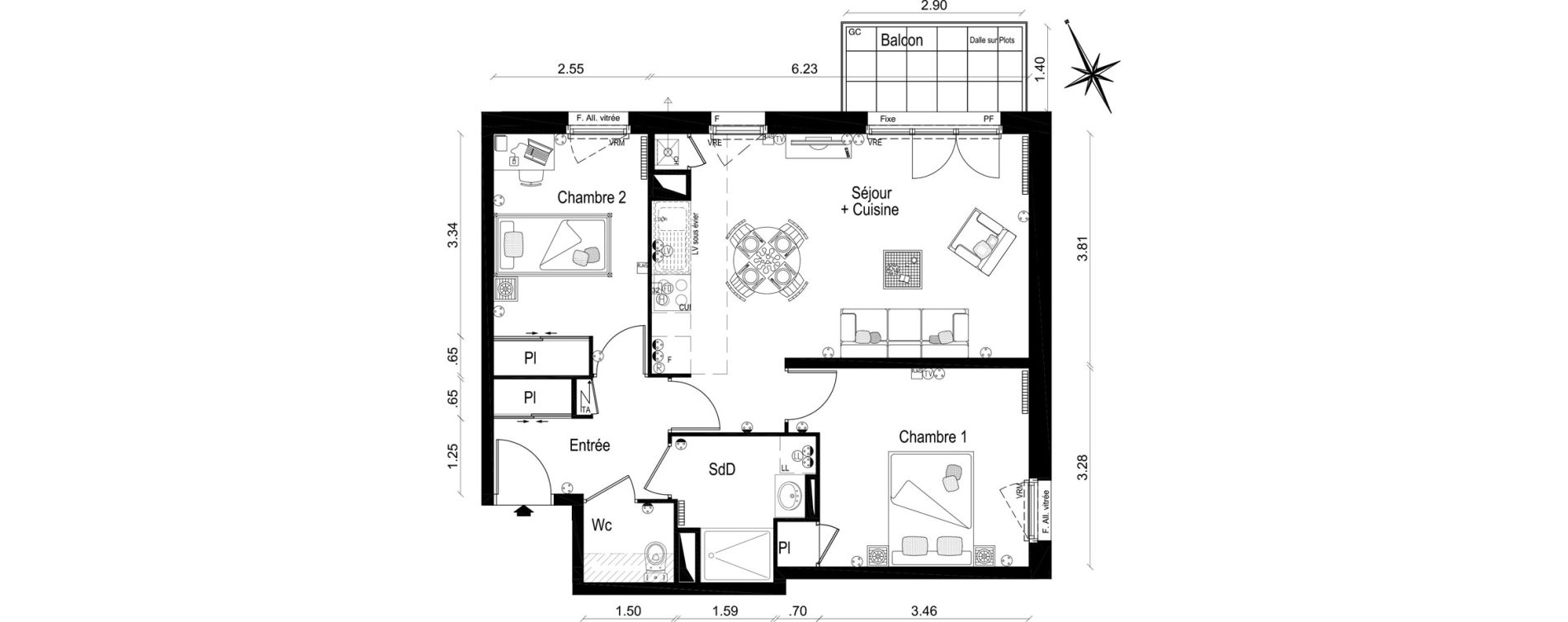 Appartement T3 de 59,41 m2 &agrave; Lar&ccedil;ay Centre