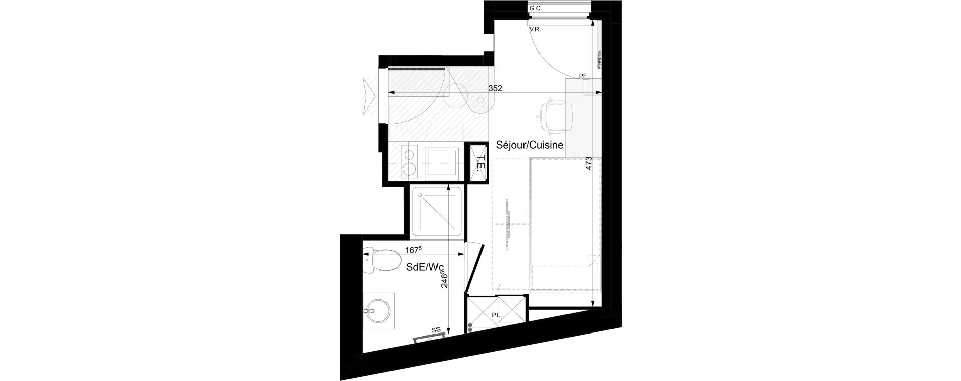 Appartement T1 meubl&eacute; de 16,35 m2 &agrave; Tours Grammont
