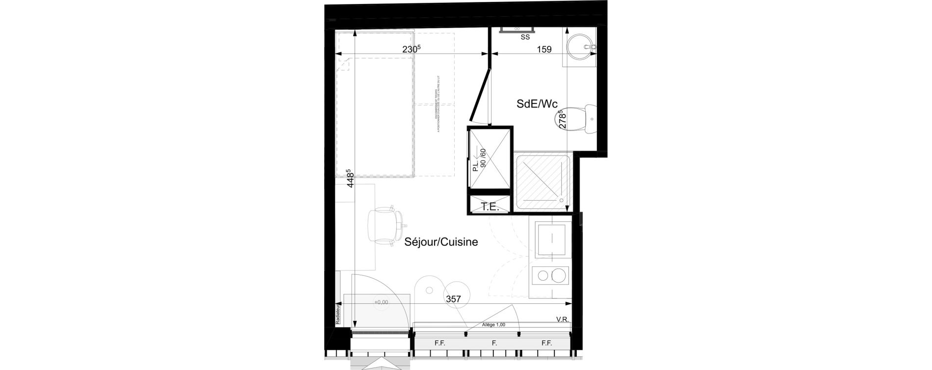 Appartement T1 meubl&eacute; de 16,35 m2 &agrave; Tours Grammont