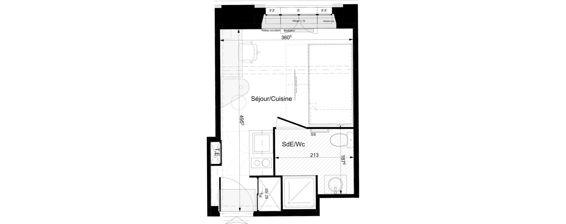 Appartement T1 meubl&eacute; de 17,35 m2 &agrave; Tours Grammont