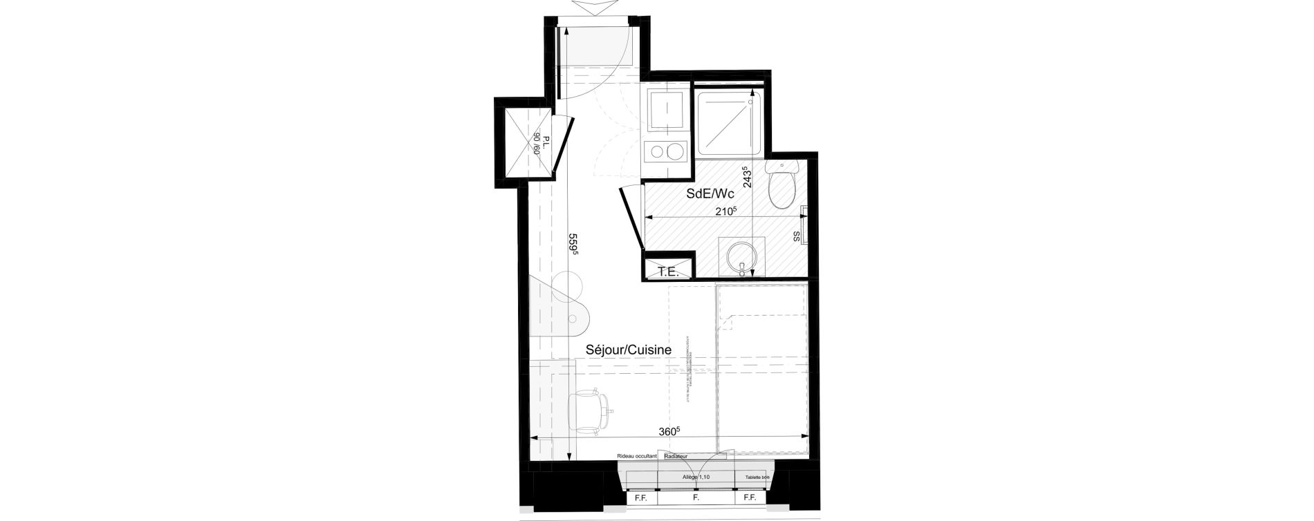 Appartement T1 meubl&eacute; de 17,38 m2 &agrave; Tours Grammont