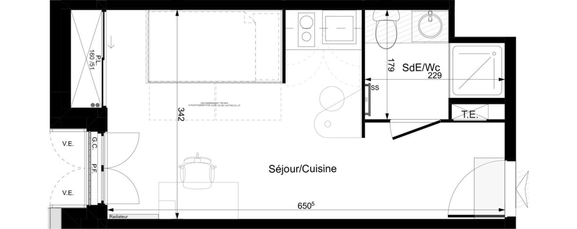 Appartement T1 meubl&eacute; de 22,10 m2 &agrave; Tours Grammont
