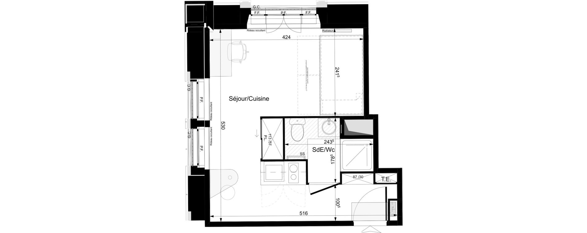 Appartement T1 meubl&eacute; de 23,37 m2 &agrave; Tours Grammont