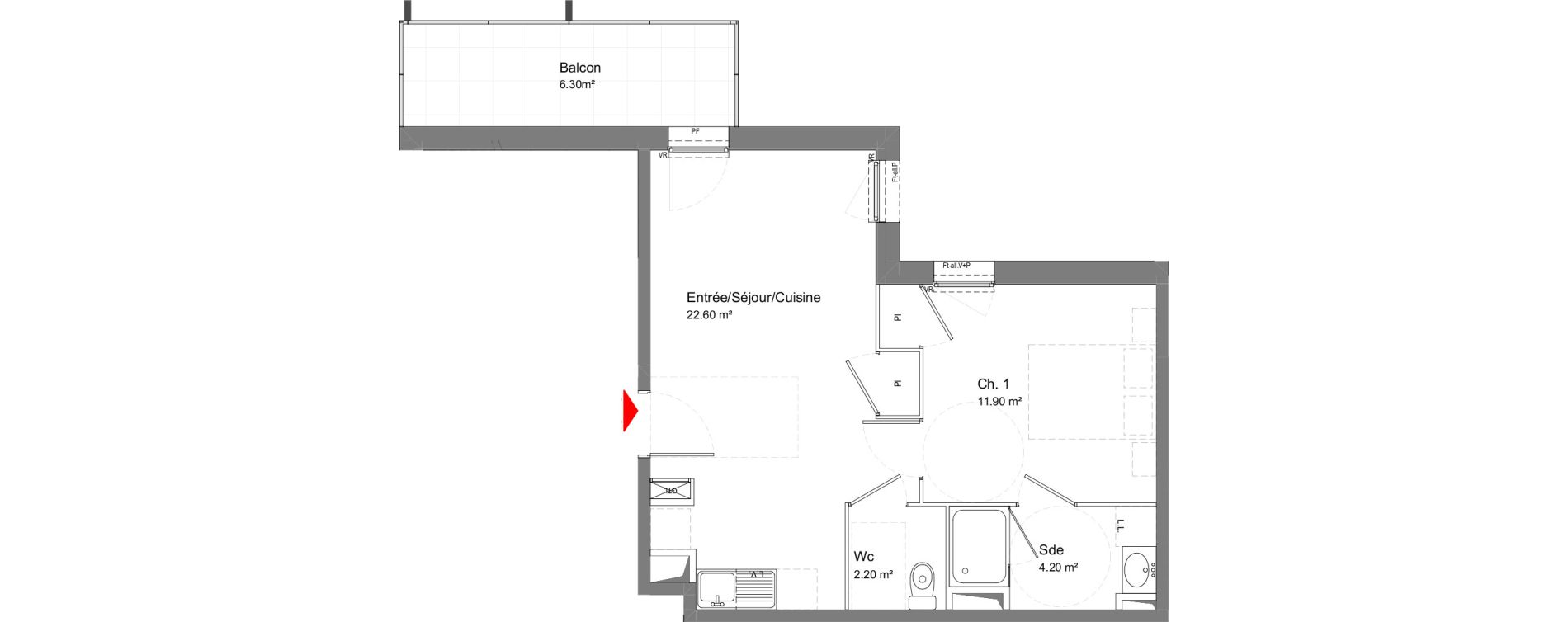 Appartement T2 de 40,90 m2 &agrave; Tours Douets milletiere
