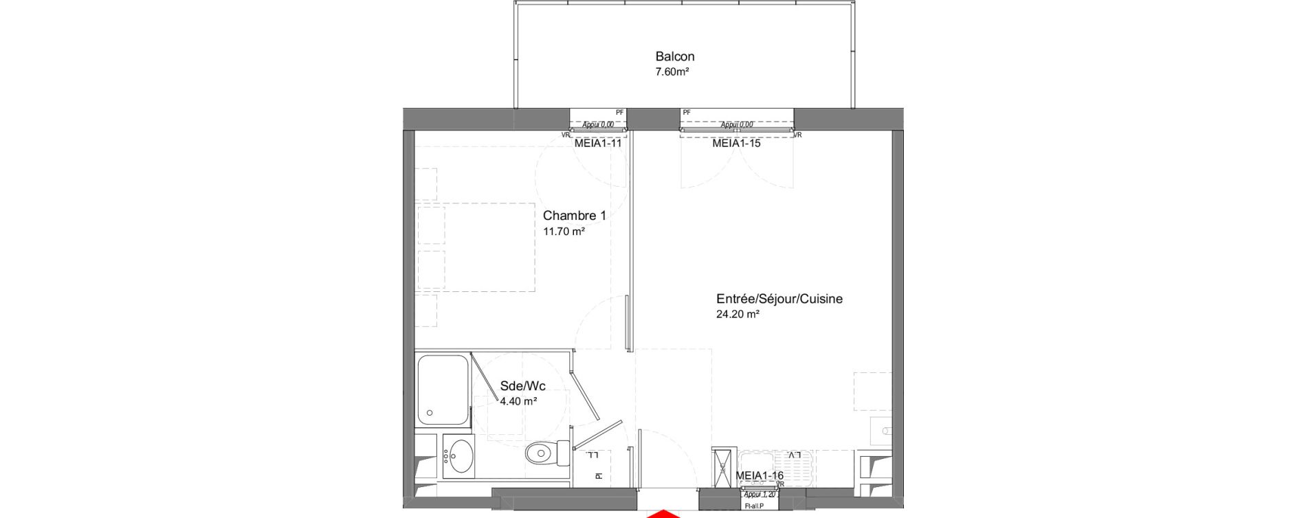 Appartement T2 de 40,30 m2 &agrave; Tours Douets milletiere