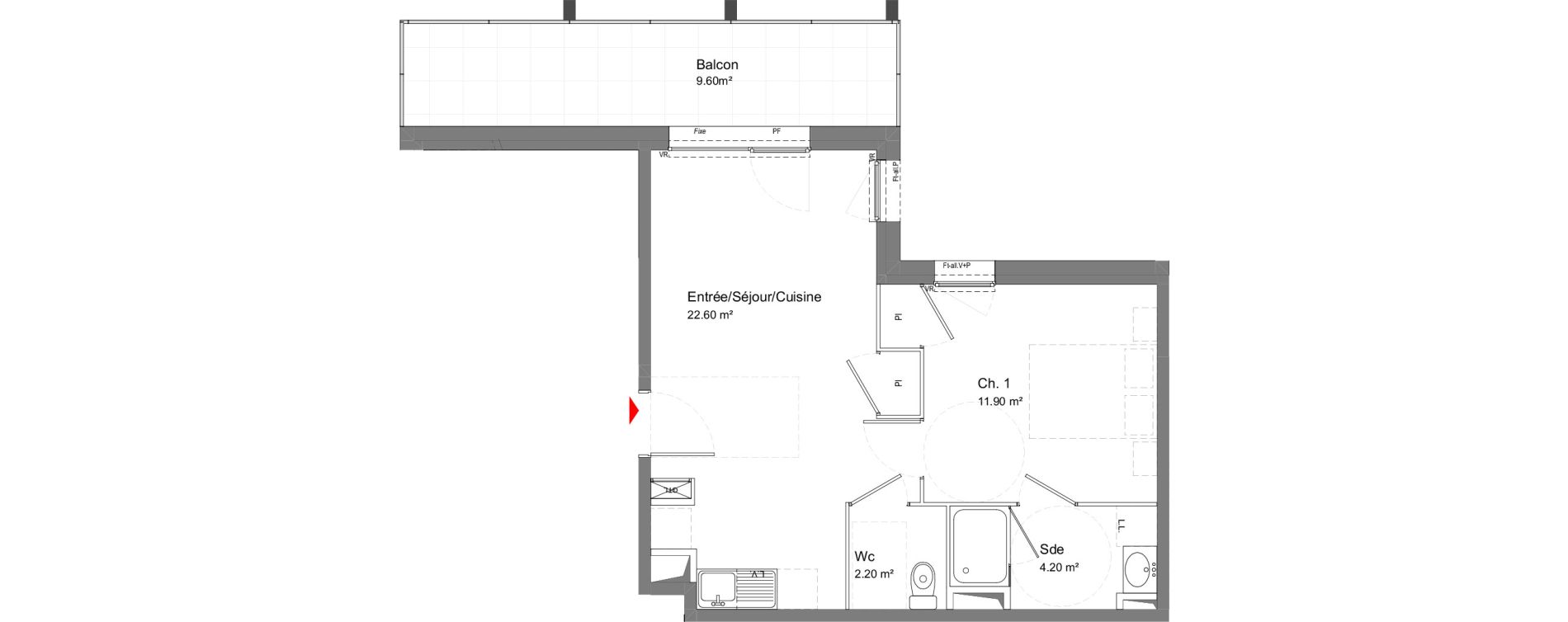 Appartement T2 de 40,90 m2 &agrave; Tours Douets milletiere