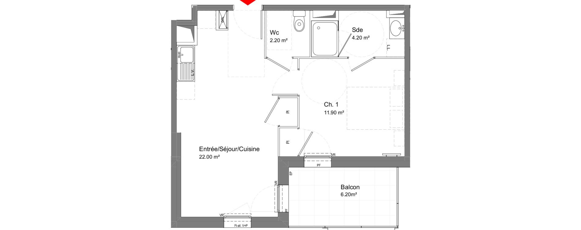 Appartement T2 de 40,30 m2 &agrave; Tours Douets milletiere