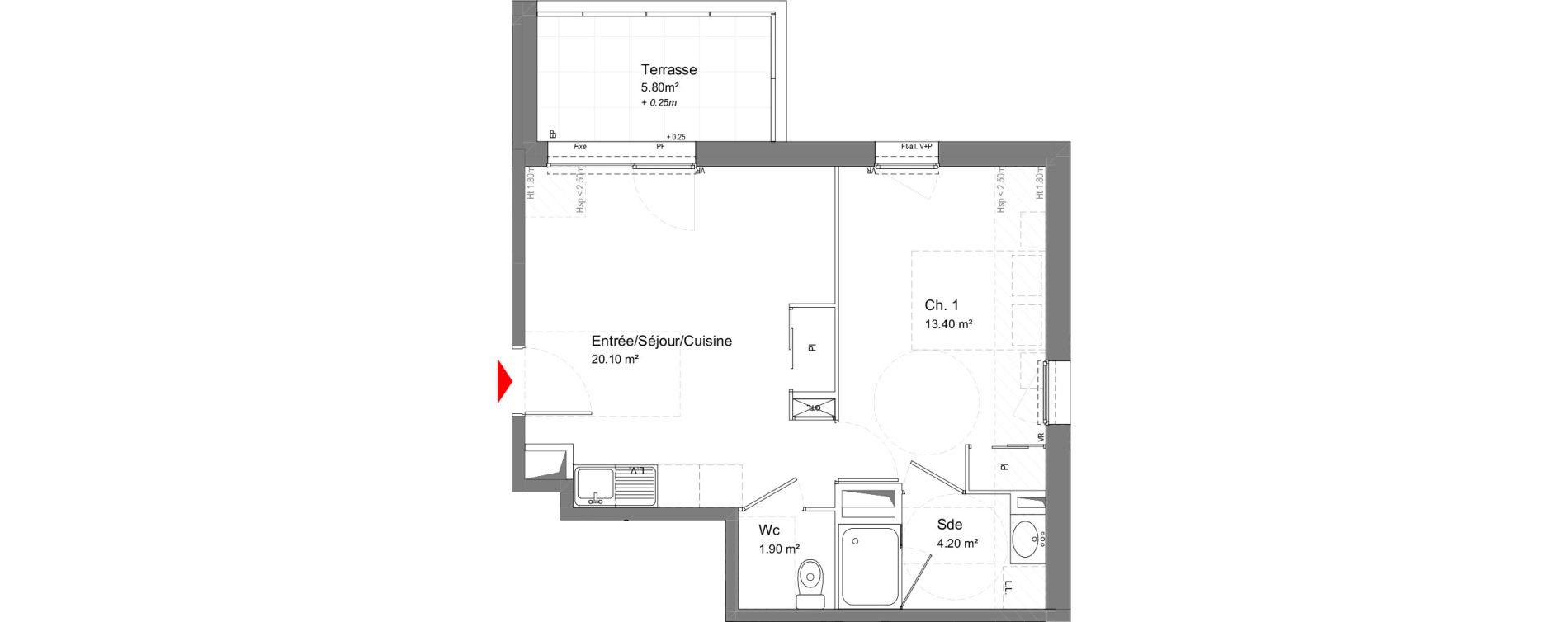 Appartement T2 de 39,60 m2 &agrave; Tours Douets milletiere