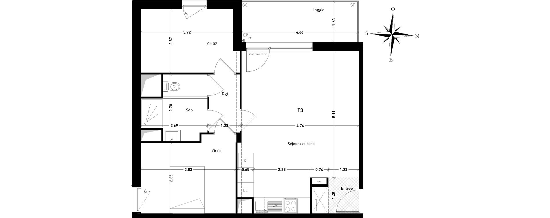 Appartement T3 de 60,50 m2 &agrave; Tours Monconseil