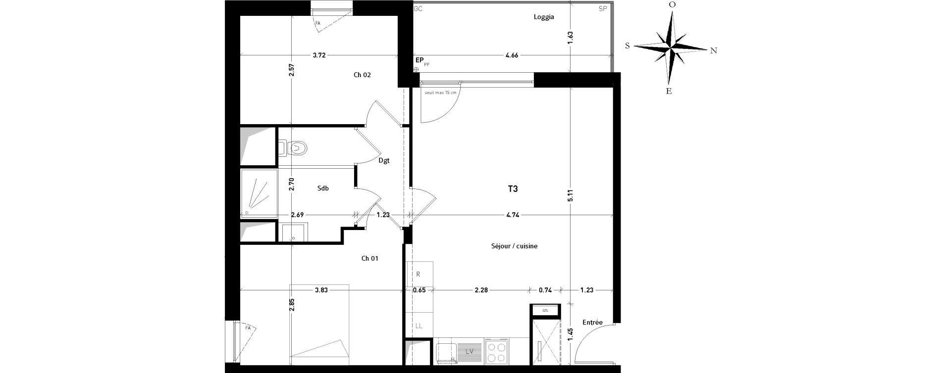 Appartement T3 de 60,50 m2 &agrave; Tours Monconseil