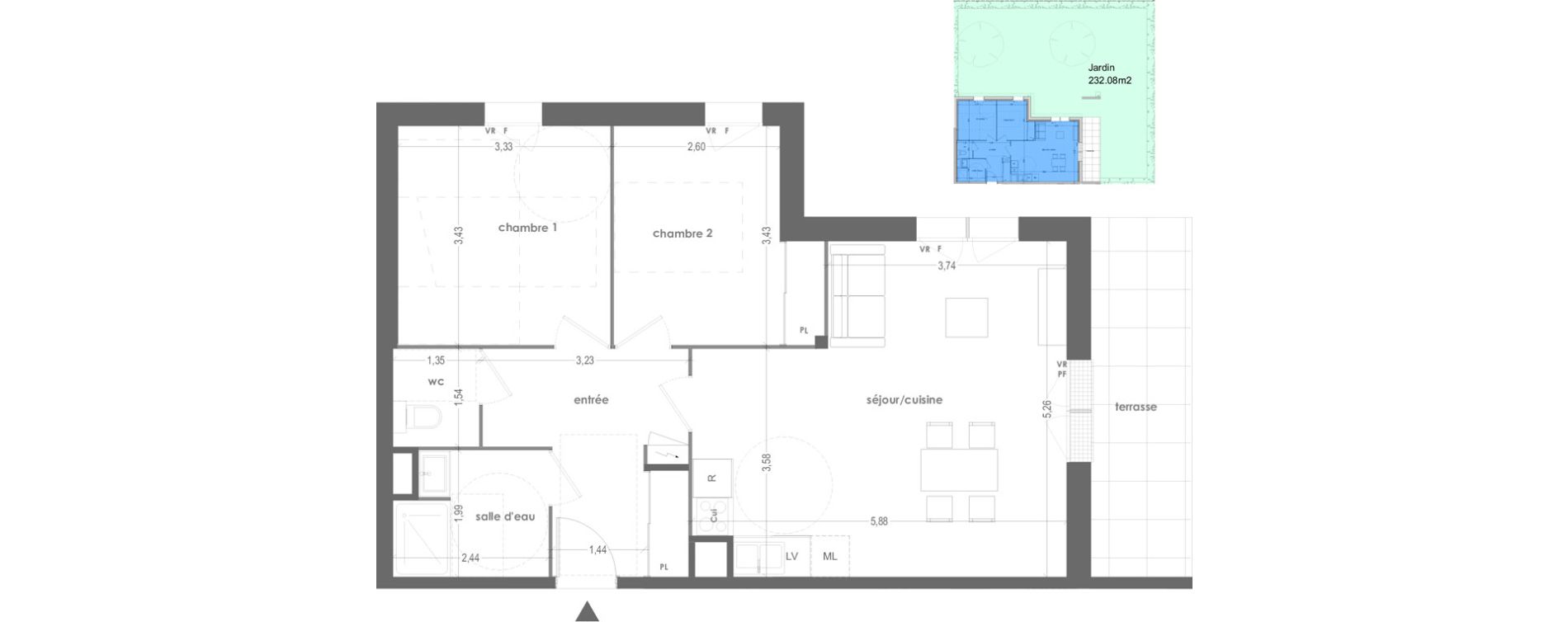 Appartement T3 de 64,00 m2 &agrave; Ingr&eacute; Jardins du bourg