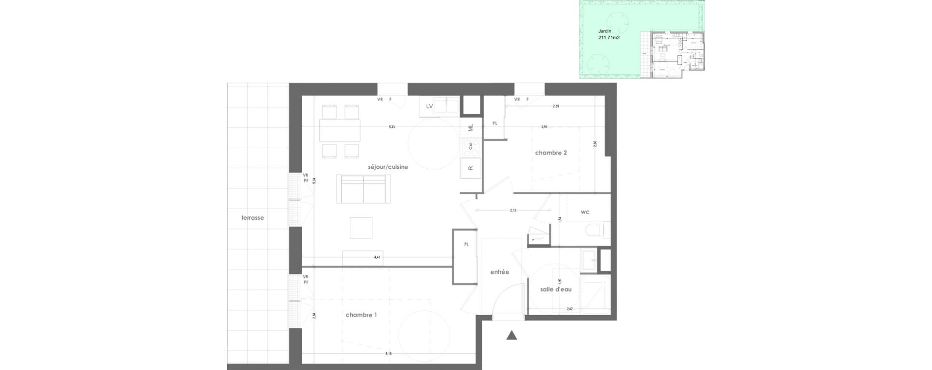Appartement T3 de 64,19 m2 &agrave; Ingr&eacute; Jardins du bourg