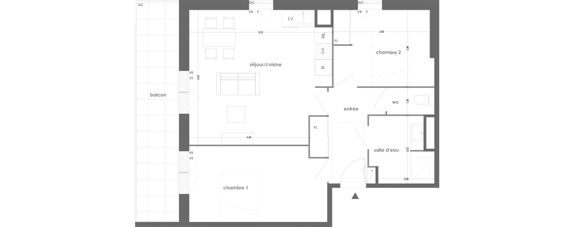 Appartement T3 de 63,98 m2 &agrave; Ingr&eacute; Jardins du bourg