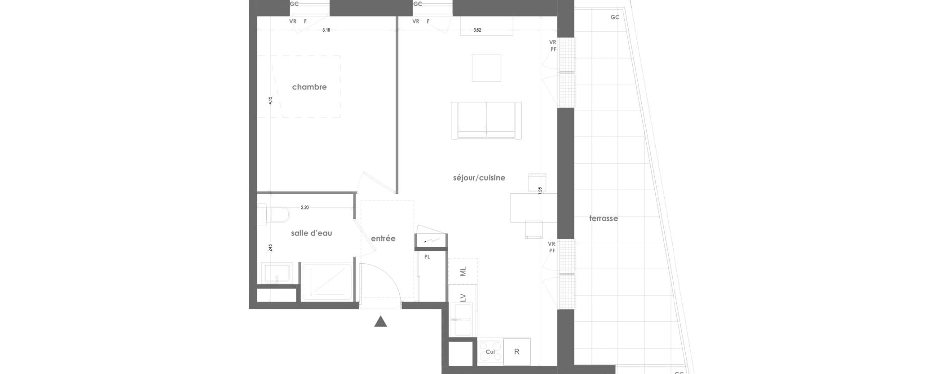 Appartement T2 de 46,26 m2 &agrave; Ingr&eacute; Jardins du bourg